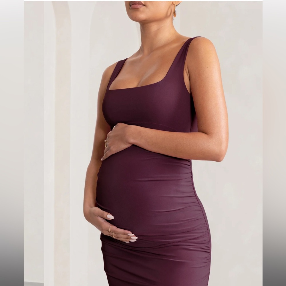 Club L London Avril Plum Square Neck Maternity Maxi Dress with Split size 10